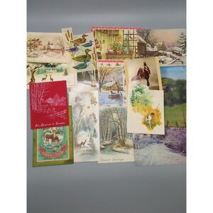 15 Old Vtg Used Christmas Card Fronts for Crafts Winter Scene Country Farm Hunt